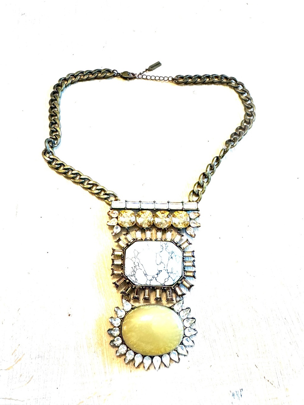 BaubleBar Antique Gold Necklace with White Marbled and Pale Yellow Stones